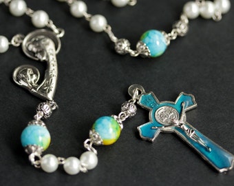 White Pearl Rosary. Turquoise Blue and Yellow Rosary. Aqua Blue Rosary. Unisex Rosary in Silver. Handmade Rosaries.