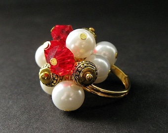 Red Cluster Ring in Crystal, Pearl and Gold. Handmade Jewelry