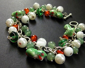 Tree Frog Bracelet. Frog Charm Bracelet. Gemstone Bracelet in Carnelian Agate and Jade. Handmade Jewelry.