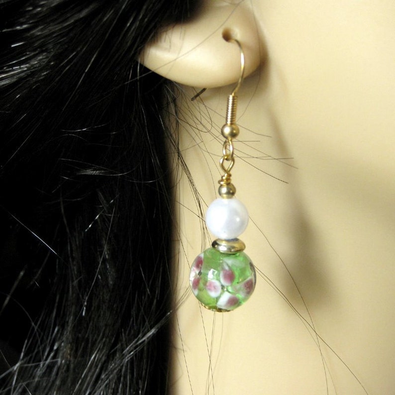 Green Earrings. Lampwork Earrings with Pink Flowers Peony Petals. Handmade Jewelry. image 5