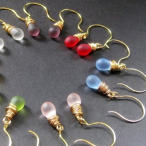 Frosted Teardrop Earrings, Wire Wrapped, Gold, Set of Seven. Handmade Jewelry
