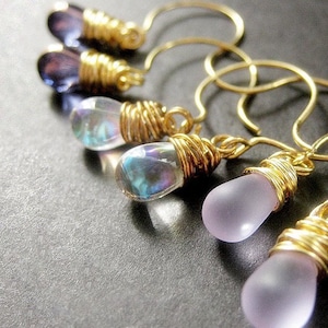 Teardrop Earrings Set of Three, Wire Wrapped Earrings, Gold. Lavender Collection. Handmade Earrings.