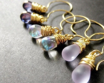 Teardrop Earrings Set of Three, Wire Wrapped Earrings, Gold. Lavender Collection. Handmade Earrings.