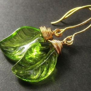 Glass Green Leaf Earrings, Wire Wrapped. Handmade Jewelry