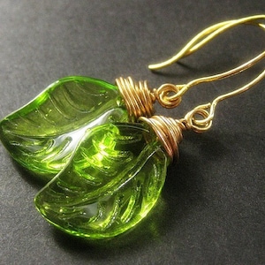 Glass Green Leaf Earrings, Wire Wrapped. Handmade Jewelry image 1