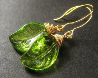 Glass Green Leaf Earrings, Wire Wrapped. Handmade Jewelry