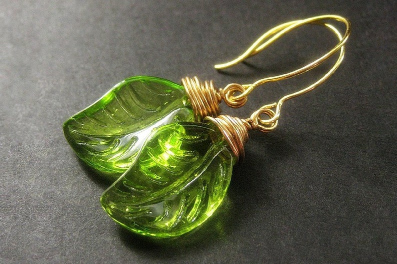 Glass Green Leaf Earrings, Wire Wrapped. Handmade Jewelry image 1