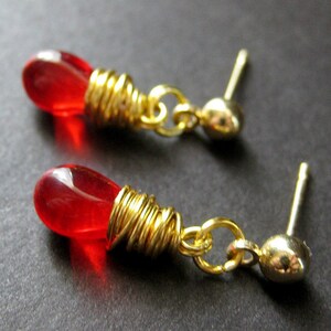 Blood Red Earrings. Gold Wire Wrapped Earrings Teardrop Post Earring Backs. Handmade Jewelry image 3