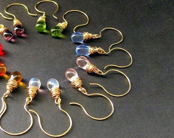 Teardrop Earrings, Wire Wrapped Earrings, Gold, Rainbow Set of Seven. Handmade Jewelry