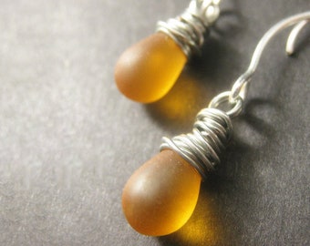 Satin Honey Teardrop Earrings: Wire Wrapped Earrings in Silver - Elixir of Nectar. Handmade Earrings.