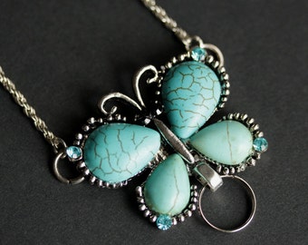 Blue Howlite Butterfly Badge Lanyard: Silver Plated ID Holder