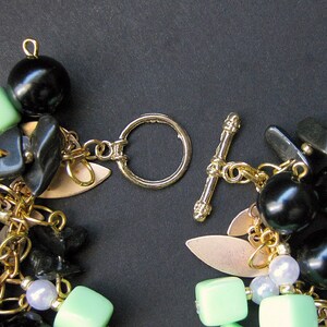 Spring Green Charm Bracelet Beaded in Vintage Beads, Black Glass and Gold Triumphant. Handmade Jewelry image 5