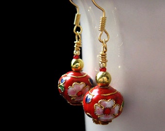 Beaded Flower Earrings, Red Cloisonne. Handmade Jewelry
