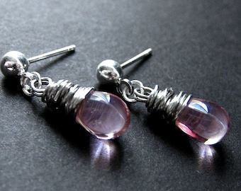 Wire Wrapped Pink Earrings in Glass Teardrops with Silver Stud Earrings. Handmade Earrings.