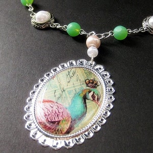 Peacock Necklace. Beaded Necklace. Bird Necklace. Mint Green Necklace. Pink Necklace. Silver Necklace. Handmade Necklace. Handmade Jewelry. image 2