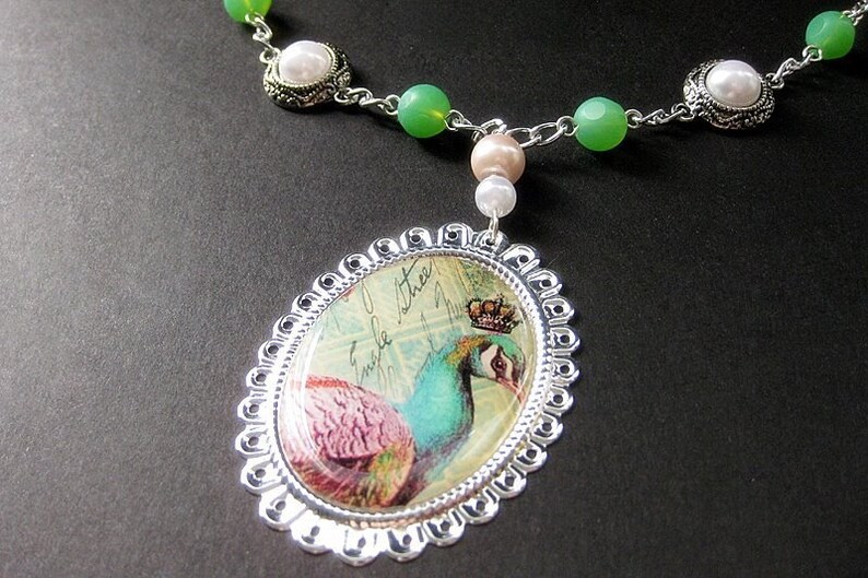 Peacock Necklace. Beaded Necklace. Bird Necklace. Mint Green Necklace. Pink Necklace. Silver Necklace. Handmade Necklace. Handmade Jewelry. image 2