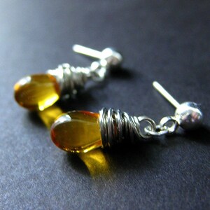 Honey Glass Teardrop Stud Earrings Wire Wrapped in Silver. Handmade Jewelry image 4