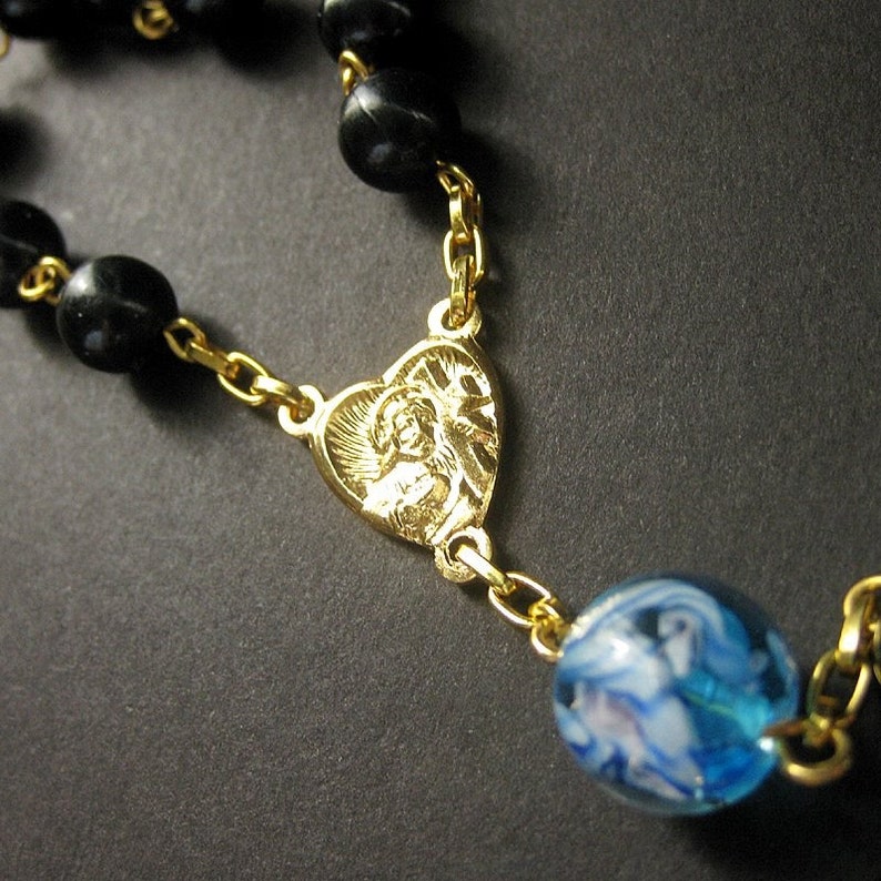 Single Decade Pocket Rosary, Blue Glass Marbles, Gold. Handmade Jewelry image 3