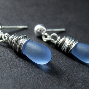 Blue Dangle Earrings. Wire Wrapped Post Earrings in Clouded Glass Teardrops and Silver. Handmade Earrings.