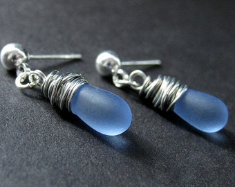 Blue Dangle Earrings. Wire Wrapped Post Earrings in Clouded Glass Teardrops and Silver. Handmade Earrings.