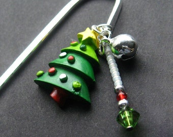 Beaded Book Charm, Christmas Tree Bookmark in Silver. Handmade.