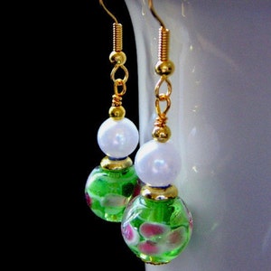 Green Earrings. Lampwork Earrings with Pink Flowers - Peony Petals. Handmade Jewelry.