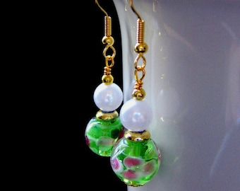 Green Earrings. Lampwork Earrings with Pink Flowers - Peony Petals. Handmade Jewelry.