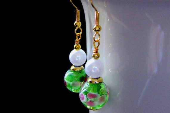 Green Earrings. Lampwork Earrings with Pink Flowers - Peony Petals. Handmade Jewelry.