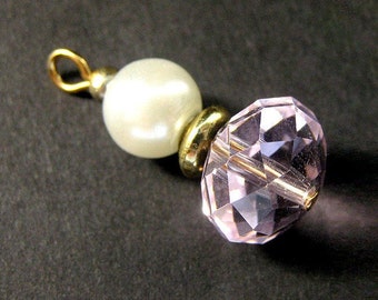 Pink Crystal Charm. Pink Crystal Pendant. Pearl Charm. Pearl Pendant, Zipper Pull, Key Chain, Purse Charm or Phone Charm.