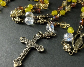 Catholic Rosary Czech Glass Rosary Autumn Colors of Honey Orange and Yellow Crystal Rosary Handmade Rosaries