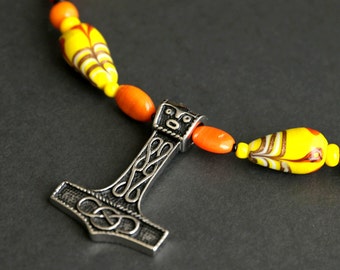 Mjolnir Necklace. Treasure Necklace. Yellow Necklace. Viking Necklace. Orange Necklace. Beaded Necklace. 14 inches (35.5 cm) SCA Jewelry