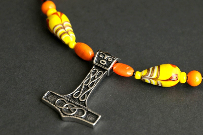 Mjolnir Necklace. Treasure Necklace. Yellow Necklace. Viking Necklace. Orange Necklace. Beaded Necklace. 14 inches (35.5 cm) SCA Jewelry