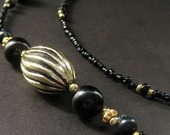 Black Beaded Eyeglass Chain: Gold Swirl Lanyard