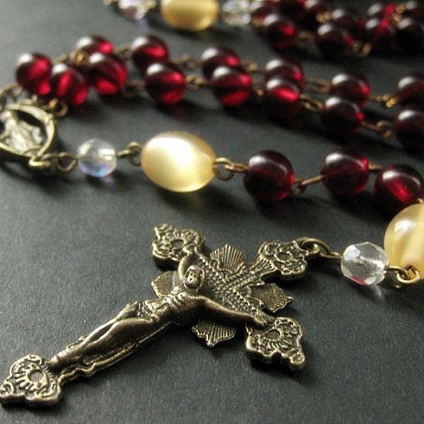 Cranberry Red Catholic Rosary. Holy Rosary in Bronze and Burgundy. Handmade Rosary.