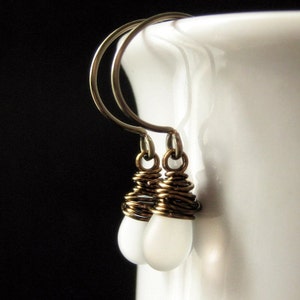 Frost White Earrings: Teardrop Earrings Wire Wrapped in Bronze Elixir of Frost. Handmade Earrings. image 2