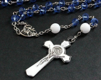 Catholic Rosary in Sky Blue Crystals, White and Silver. Crystal Rosary. Blue Rosary. Handmade Rosary.