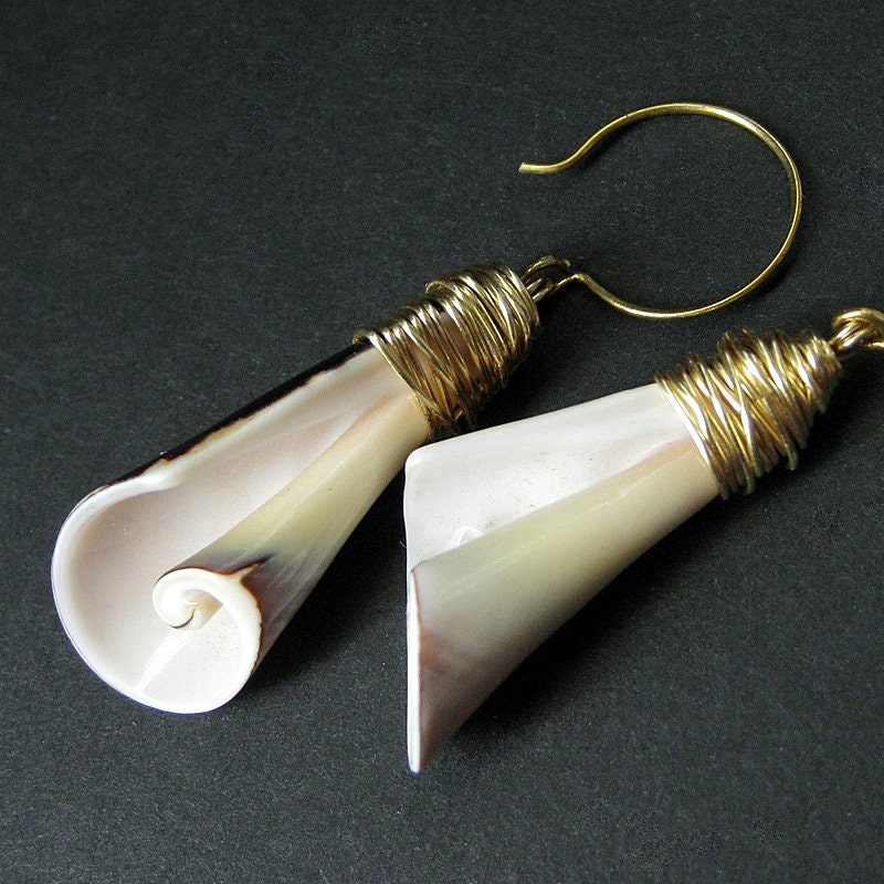 Gold Wire Wrapped Earrings. Spiral Seashell Earrings. Shell Earrings in ...