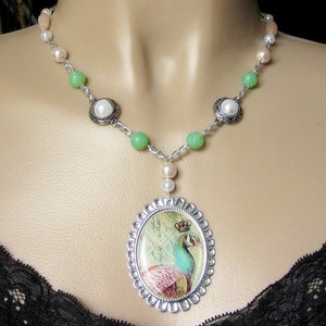 Peacock Necklace. Beaded Necklace. Bird Necklace. Mint Green Necklace. Pink Necklace. Silver Necklace. Handmade Necklace. Handmade Jewelry. image 5