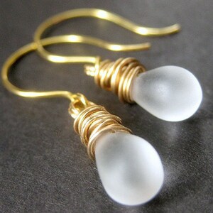 Frosted Glass Teardrop Earrings. Gold Earrings. Wire Wrapped Teardrop Earrings. Dangle Earrings. Handmade Earrings.