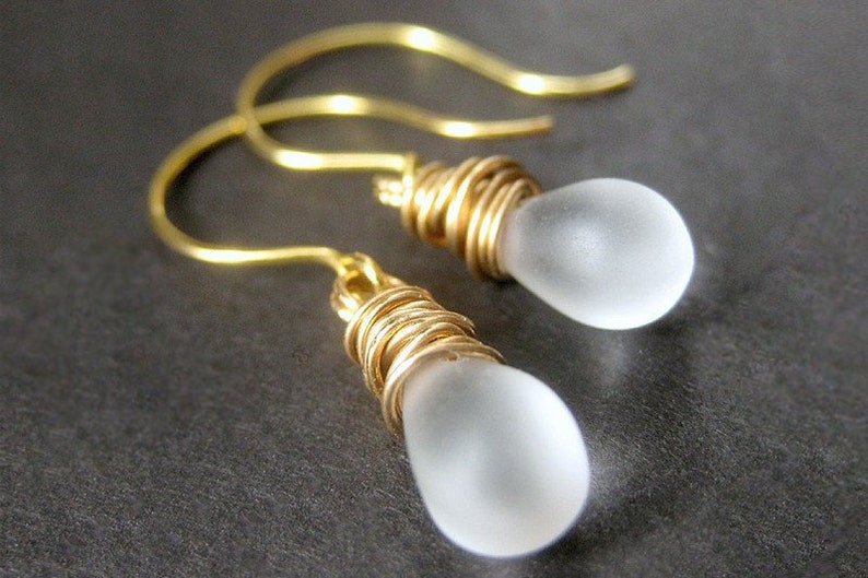 Frosted Glass Teardrop Earrings. Gold Earrings. Wire Wrapped Teardrop Earrings. Dangle Earrings. Handmade Earrings. image 1