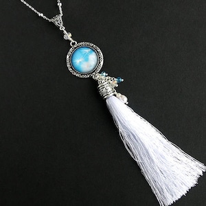 Dandelion Tuft Tassel Necklace. Dandelion Necklace. Blue Necklace. White Tassel Necklace. Silver Necklace. Handmade Necklace.