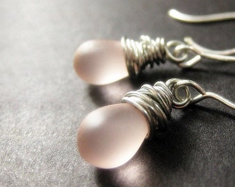 Pink Satin Teardrop Earrings, Silver Wire Wrapped. Handmade Jewelry