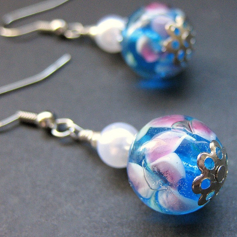Floating Peonies Lampwork Glass Beaded Earrings Handmade Jewelry by Gilliauna