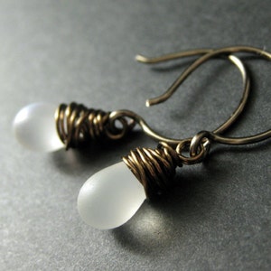 Frost White Earrings: Teardrop Earrings Wire Wrapped in Bronze Elixir of Frost. Handmade Earrings. image 3