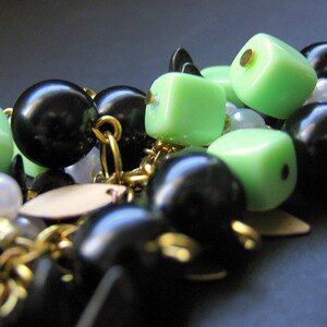 Spring Green Charm Bracelet Beaded in Vintage Beads, Black Glass and Gold Triumphant. Handmade Jewelry image 2