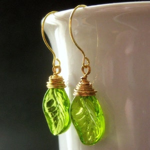 Glass Green Leaf Earrings, Wire Wrapped. Handmade Jewelry image 5