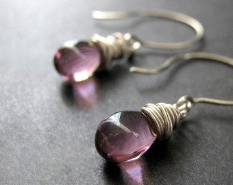 Amethyst Glass Wire Wrapped Earrings in Silver - Elixir of Mystery. Handmade Earrings.