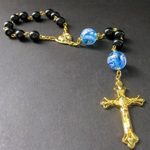 Single Decade Pocket Rosary, Blue Glass Marbles, Gold. Handmade Jewelry image 4