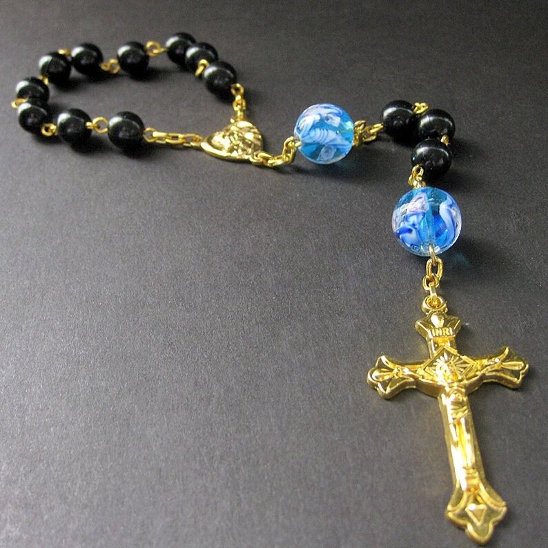 Single Decade Pocket Rosary, Blue Glass Marbles, Gold. Handmade Jewelry image 4