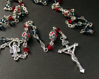 Swarovski Crystal Rosary in Siam Red and Montana Blue. Handmade Jewelry